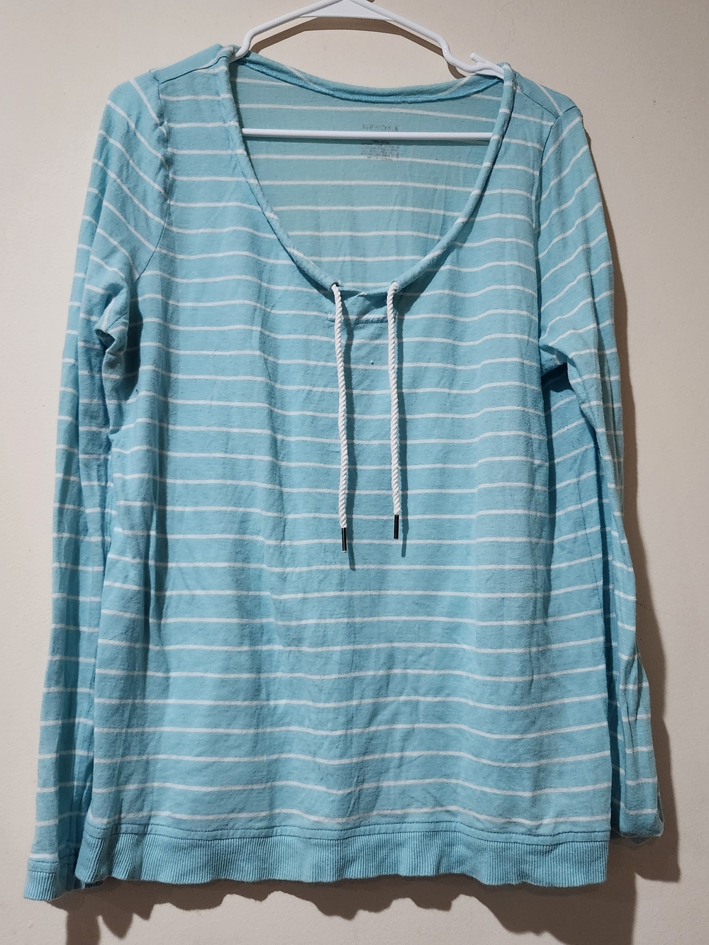 Merona Light Teal And White Striped Scoop Neck Hoodie with Drawstring
